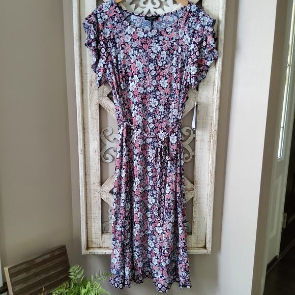 Perceptions Women's 1X Ruffle Short Sleeve Belted Flounce Ruffle Hem Midi Dress - Picture 2 of 7